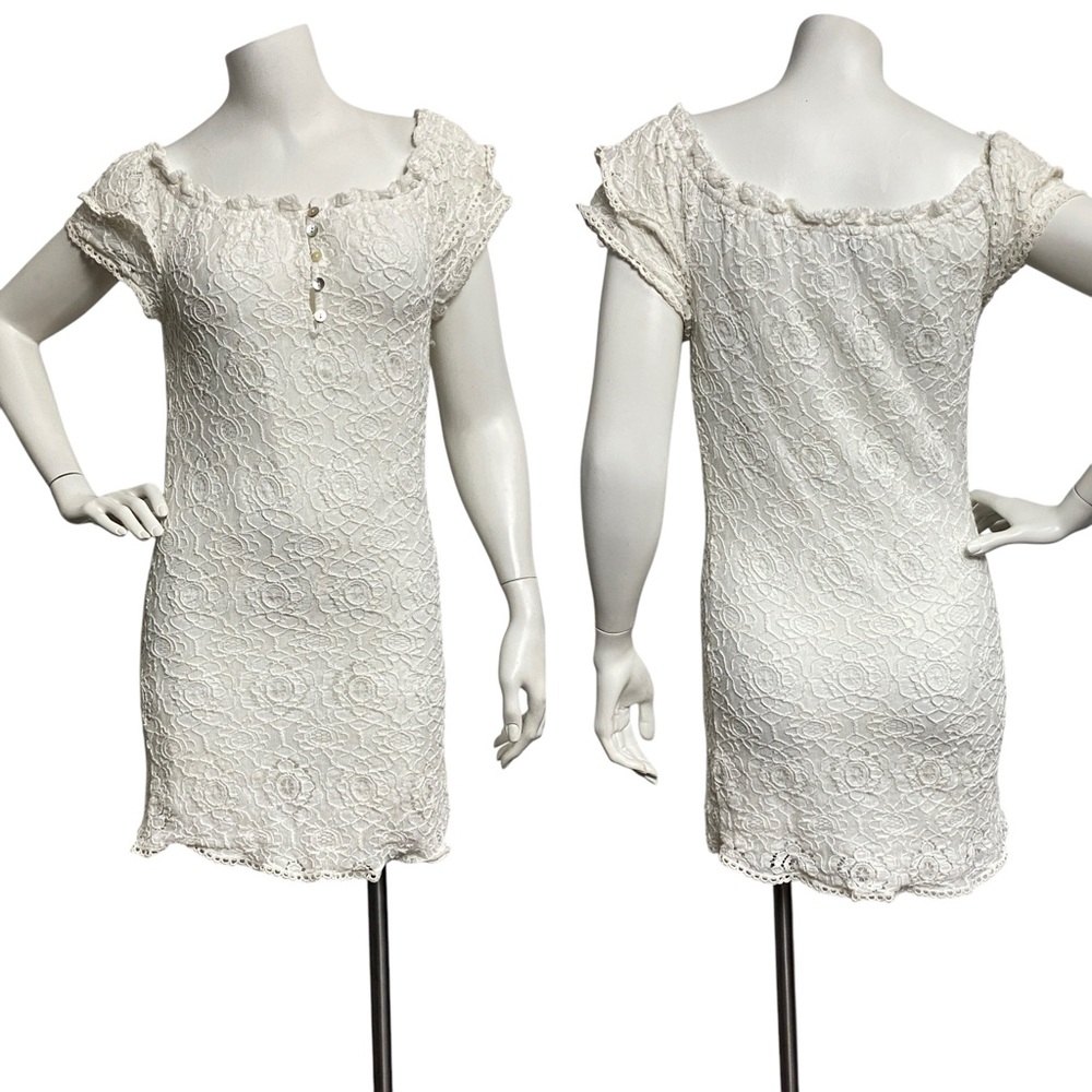 Hale Bob Women's White Short Sleeve Sheath Overlay Lace XS Mini Dress MOP Button